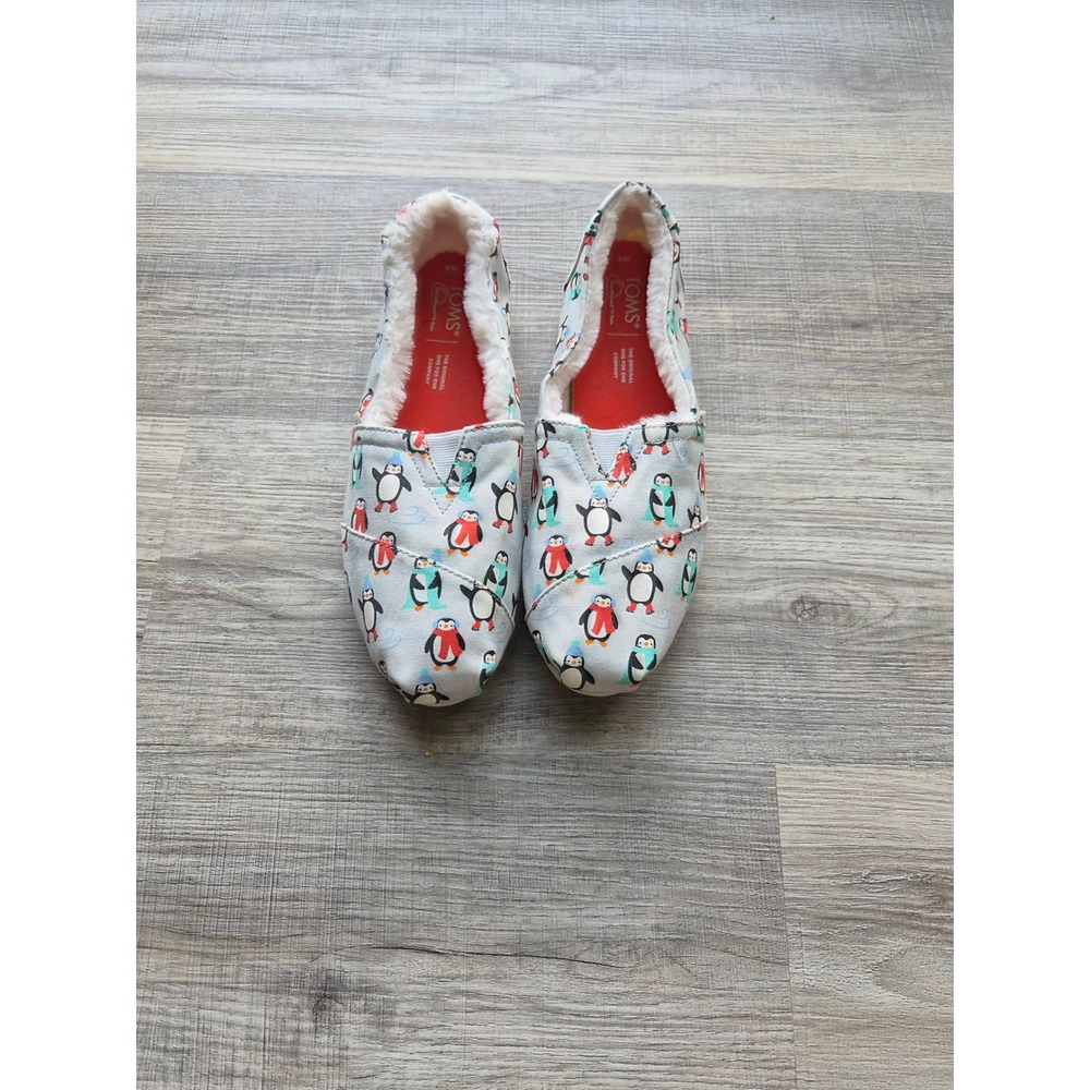 TOMS Alpargata Penguin Print Faux Shearling Lined Slip On Shoes Blue Womens 9